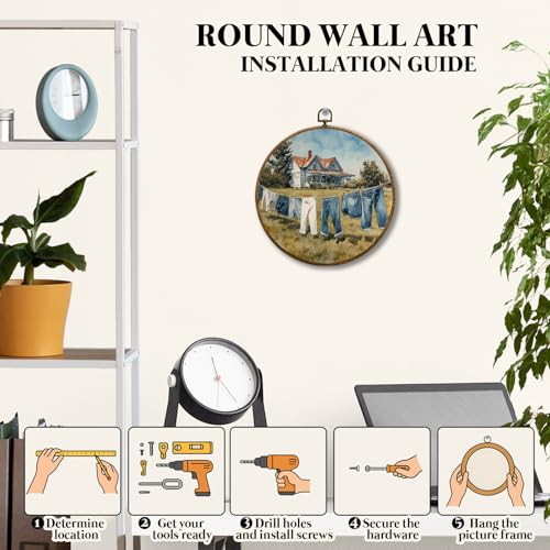 JUIOEIU Vintage Rustic Farmhouse Round Wall Decor, Country Laundry Day Framed Canvas Prints, Retro Cottagecore Landscape Wall Art Hanging Decorations for Washroom Bathroom Laundry Room Decor, 10x10in - color: Laundry room04