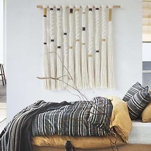Flber Macrame Wall Hanging Woven Knot and Tassel Fringe Handmade Boho Wall Art for Bedroom, Living Room, or Entryway Decor 27" W x 29" L - color: Ivory3