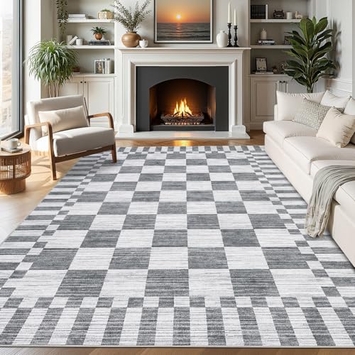 GarveeHome Grey Checkered Rug 5×7 Area Rugs for Living Room，Non-Slip Washable Rug Soft Low-Pile, Modern Farmhouse Geometric Rugs for Bedroom Dining Room - color: Grey, size: 5' x 7' (Rectangular)