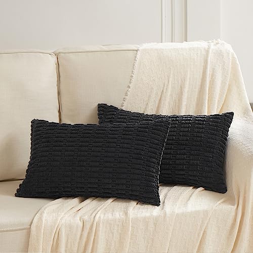 Fancy Homi Decorative Throw Pillow Covers for Bed Couch Bedroom Bench, Soft Corduroy Solid Pillow Case, Rustic Farmhouse Boho Room Decor,20" x 12" (Pack of 1),Black - color: Black, size: 20" x 12" (Pack of 1)