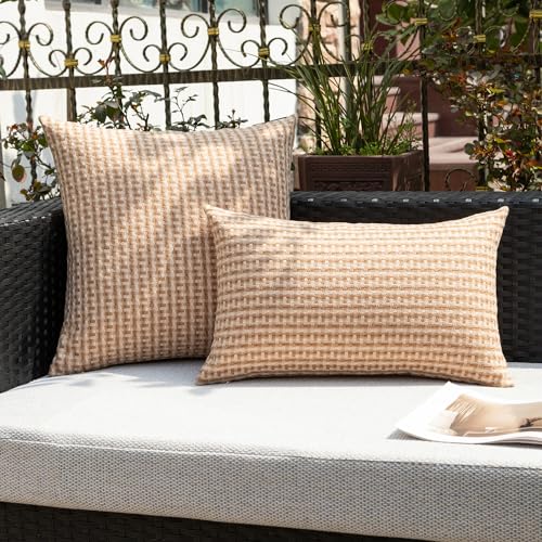 Kevin Textile Outdoor Waterproof Throw Pillow Covers Pack of 2 Weaving Texture Water Resistant Outside Decorative Cushion Covers for Garden Patio Tent Balcony Bench Couch Sofa 16x16 Inch, Light Brown - color: Light Brown, size: 16" x 16" (Pack of 2)