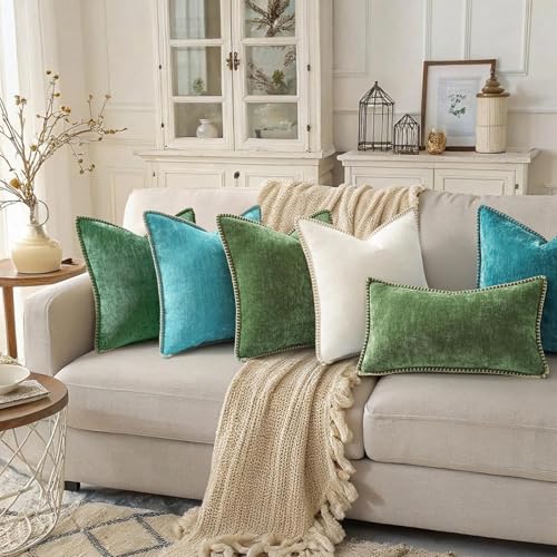 decorUhome Chenille Soft Cozy Throw Pillow Covers 20x20 Set of 2, Modern Farmhouse Boho Velvet Decorative Pillow Cases with Stitched Edge for Couch Sofa Bed Home Decor, Forest Green - color: Forest Elf, size: 20" x 20" (Pack of 2)