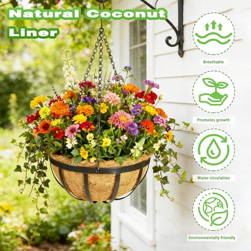 2 Pack 12 Inch Metal Outdoor Hanging Baskets Black Heavy Duty Hanging Planters with Coco Liners for Indoor Outdoor Plants Gardens Patios Terraces（Flat Iron） - color: Flat Iron