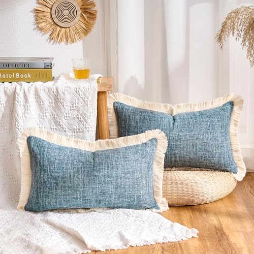 Farmhouse Lumbar Throw Pillow Covers 12x20 Pillow Cover Linen Fringe Blue Decorative Pillows Case Boho Accent Pillowcase for Sofa Couch Patio Bed Living Room Set of 2 - color: Blue, size: 20" x 12" (Pack of 2)