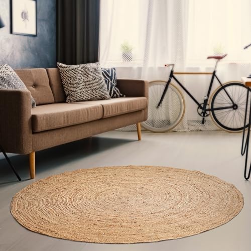 Hausattire Hand Woven Jute Braided Rug, 5’ Round – Natural, Reversible Boho Entry Area Rugs for Kitchen, Living Room I Farmhouse Decorative Floor Rug, 5 Feet Round - color: Natural, size: 5' (Round)