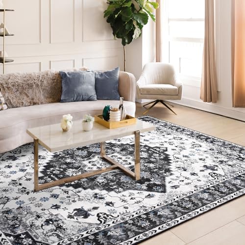 Amearea Vintage Design Area Rugs for Living Room, 4x6 Machine Washable Floral Collection Traditional Bedroom Rug, Low Pile Cute Kids Room Print Carpet, No Slip Office Kitchen Home Decor, Black - color: Black, size: 4' X 6' (Rectangular)