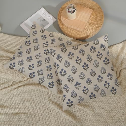 Blue Grey Pillow Covers 16x16 Inch 2 Pcs Gray Block Print Vintage Floral Decor Throw Pillows Boho Flower Spring Summer Outdoor Seasonal Decoration Pillowcase Linen Cushion Cover for Couch Sofa - color: Blue Grey Block Print Floral, size: 16" x 16" (Pack o