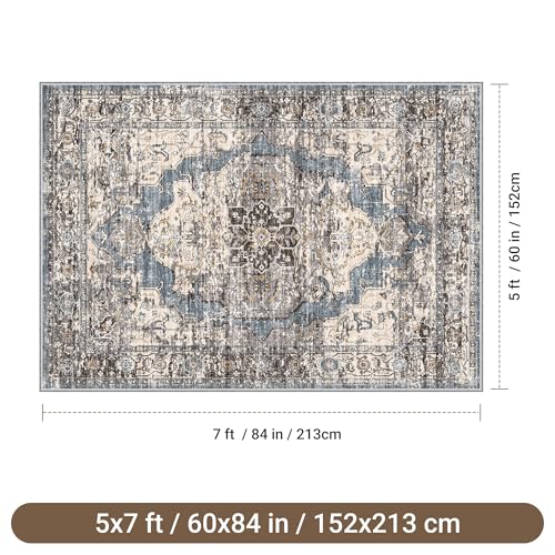 befbee 5x7 Area Rugs for Living Room, Stain Resistant Neutral Washable Rugs for Dining Room, Floral Vintage Non-Slip Thin Large Size Area Rug (Blue/Black) - color: Blue/Black, size: 5' x 7' (Rectangular)
