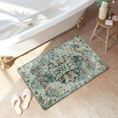 Lahome Boho Bohemian Area Rug - 2x3 Small Washable Bathroom Entryway Kitchen Rug,Floral Medallion Non Slip Pet Friendly Vintage Throw Carpet for Indoor Front Door Sink Living Room Bedroom,Teal - color: Teal, size: 2' x 3' (Rectangular)