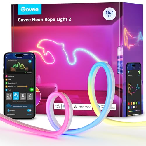 Govee RGBIC Neon Lights, LED Smart Neon Rope Light 2 Works with Matter, Alexa, Google Assistant, Custom DIY Neon Strip Lights for Bedroom and Wall Decor, Softer Material, 16.4ft, White - size: 16.4ft