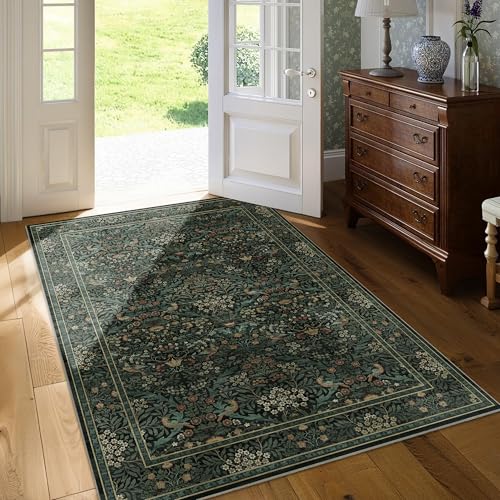 3x5 Floral Washable Area Rug for Living Room, Vintage Boho Rug for Bedroom Dining Room， Distressed Botanical Birds Non Slip Low Pile Forest Animal Throw Carpet for Farmhouse Office, Dark Green - color: Dark Green, size: 3' x 5' (Rectangular)