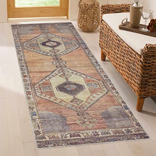 Hauteloom Gresham Boho Vintage Area Rug - Traditional Damask Floral Carpet for Living Room, Bedroom - Machine Washable - Dark Red, Camel, Dark Brown - 6'7" x 9' (6x9) - color: Brown, Camel, Dark Brown / Medinah, size: 6'7" x 9' (Rectangular)