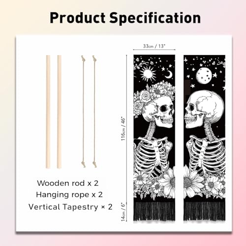 PLIGREAT 2 Pack Skull Long Tapestry Aesthetic Black and White Skeleton Wall Hanging with Tassels Sun Moon Tapestry for Bedroom Bathroom Living Room Long Narrow Wall Hanging Home Art Decor - color: Black and White