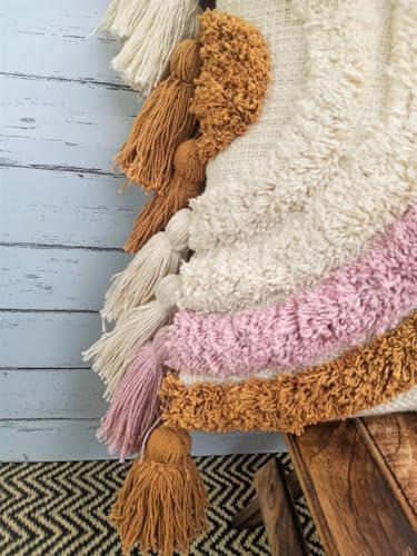 Tufted Cushion Cover with Pink, Terracotta & Cream Rainbows and Tassels，20x20 inches