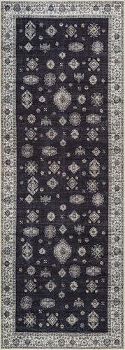 Bloom Rugs Washable Non-Slip 12 ft Runner - Black/Ivory Traditional Runner for Entryway, Hallway, Bathroom, and Kitchen - Exact Size: 2.5' x 12' - color: Black / Ivory, size: 2'6" x 12' (Runner)