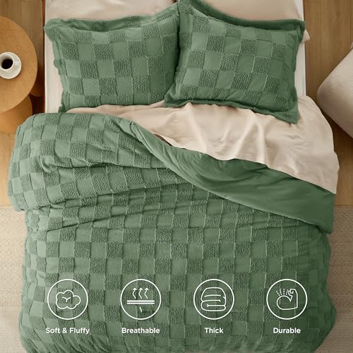 Bedsure Green Queen Size Comforter Set, Boho Tufted Bed Set, Checkered Farmhouse-Style Distressed Vintage Bedding, 3 Pieces, 1 Plaid Geometric Comforter and 2 Pillow Shams - color: 02 - Green - Tufted Checkboard, size: Queen