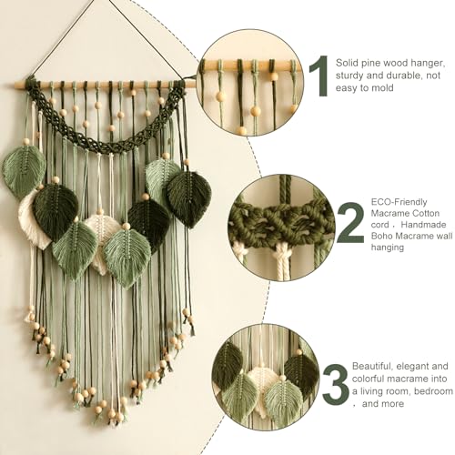Artilady Macrame Wall Hanging -Handmade Sage Green Leaf Wall Tapestry,Boho Decorations for Bedroom Living Room Bathroom,Earthy Room Decor,Wedding Birthday for Women Girls - color: Dark Green Beige