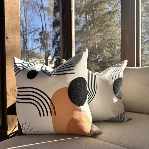 AYAY Decorative boho pillow covers 18x18 –throw pillows for couch bed, set of 2 Boho cases textured tufted and printed abstract,soft with velvet touch pillows washable indoor cover bedroom pillowcases - color: Black/White Boho Rainbow