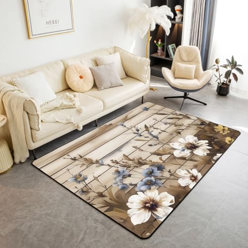 Erosebridal Rustic Flowers Area Rug 4'11" x 3'3" Vintage Floral Living Room Rugs Wooden Board Decorative Carpet Farmhouse Indoor Floor Mat - color: Beige Brown, size: 3'3" x 4'11" (Rectangular)