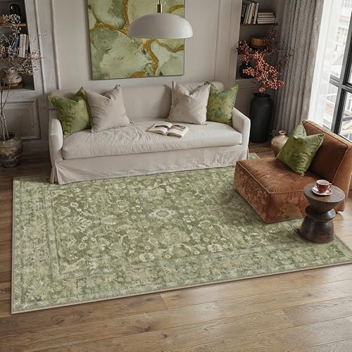 HUGEAR 5x7 Washable Vintage Area Rug Green Neutral Distressed Low Pile Non Slip Soft Carpet Indoor Throw Rug for Living Room Bedroom Dining Room Home Office - color: Green, size: 5' x 7' (Rectangular)