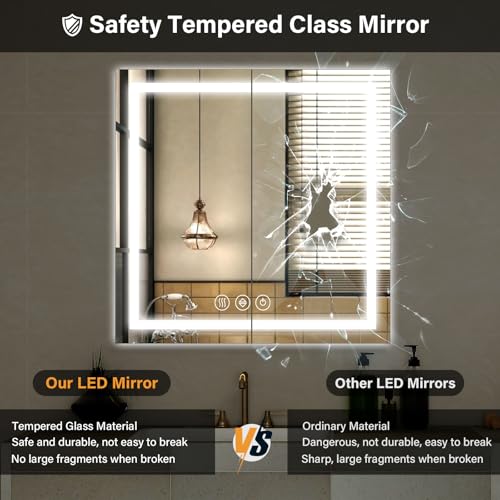 XRAMFY 36"x 36"LED Bathroom Mirror, Backlit + Front Lit, LED Bathroom Mirror with Lights for Wall, 3 Colors, Anti-Fog, Dimmable Brightness, Tempered Glass - size: 36"L x 36"W