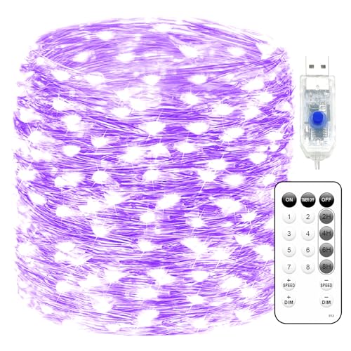 Fairy Lights 66ft 200 LED USB Twinkle String Lights Plug in Silver Wire Lights with Remote and Timer 8 Modes Outdoor Waterproof Starry Lights DIY Party Wedding Christmas Decoration（Purple） - color: Purple