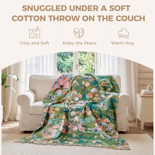 LUTBM Boho Throw Blanket for Couch Sofa Chair Summer Cotton Blankets for Bedroom Living Room All Season Soft Lightweight Reversible Floral Embroidery Decorative Throws 50"x60" Home Decor - color: Floral Green Garden, size: 50"×60"