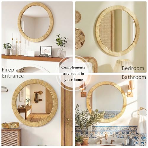 24"x24" inch Rattan Mirrors for Wall, Rustic Farmhouse Style Handmade Wicker Rattan Frame, Boho Wall Mirror for Bedroom, Bathroom, Livingroom, Hallway - color: Round 24*24