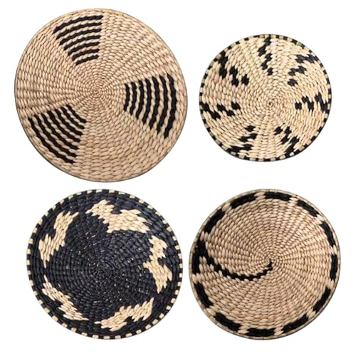 Round Wicker Basket Wall Decor, Set of 4 Hanging Woven Wall Basket Decor Black, Boho Wall Basket Decor Art for Farmhouse Living Rooms Bedrooms Display