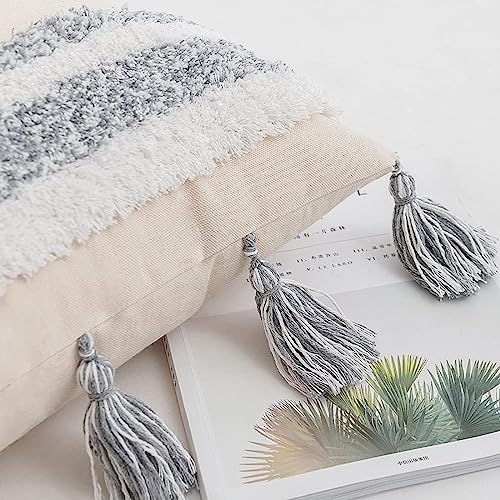 Boho Tufted Throw Pillow with Tassels, Country Thick Striped Style Soft Cushion Cover Decor wuth Zipper for Chair Bed Couch Living Room (Grey,12" x 20") - color: Grey, size: 12" x 20"