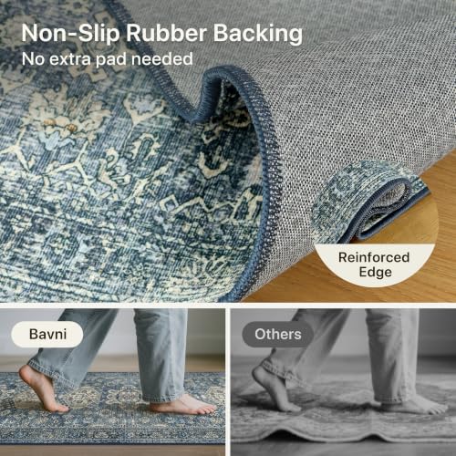 Bavni 3x5 Area Rug for Living Room Bedroom, Washable Boho Print Vintage Aesthetic Rug, Ultra-Thin Low Pile Rugs for Entryway Playroom with Non Slip Backing, Blue - color: Blue, size: 3' x 5' (Rectangular)