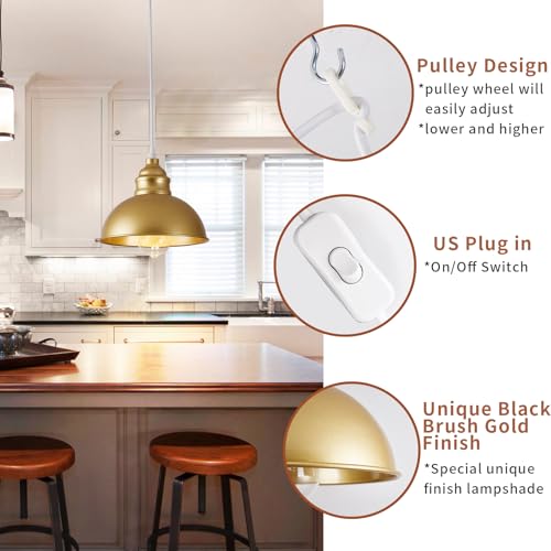 Plug in Pendant Light, 15FT Hanging Lights, On/Off Switch, Industrial Pendant Light with Plug in Cord, Metal Hanging Lamps for Living Room, Kitchen, Dining Room Gold - color: Gold