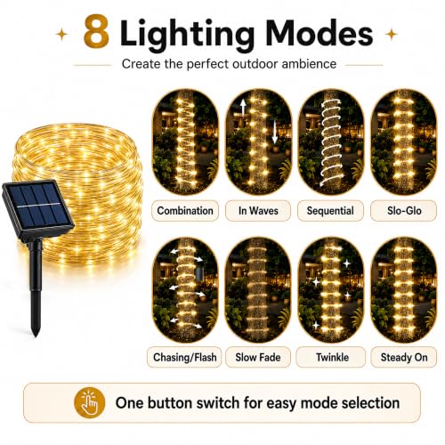 LairtPOW Solar Rope Lights Outdoor Waterproof, 39FT 100 LED Solar Powered Rope Light with 8 Modes, Flexible IP65 Outdoor String Lights for Garden Patio Yard Tree Pool Wedding Decor, Warm White - color: Warm White, size: 100 LED