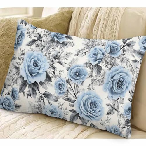 EKOBLA Blue Flowers and Leaves Decorative Throw Pillow Case Watercolor Floral Pattern Ink Painting Waist Lumbar Pillow Covers Cotton Linen Cushion Cover for Sofa Couch 12x20 Inches - color: Multi-bs24, size: 20" x 12" (Pack of 1)