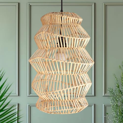 FOREVER BAMBOO Indonesian Hand-Woven Natural Rattan Pendant Light Fixture Circle Shape Woven Wicker Lampshade Chandelier Interior Decor, 15 in H x 15 in W - style: Java Circle