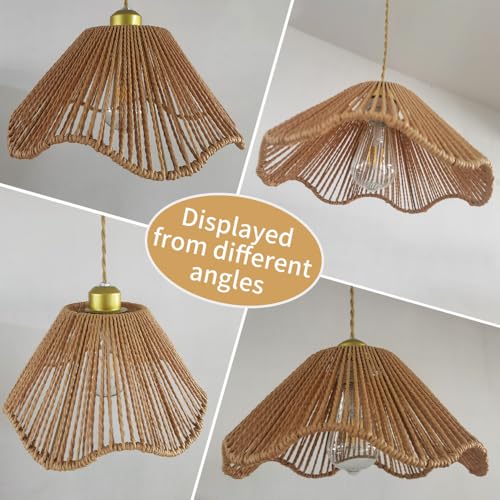 Boho Rattan Pendant Light, Shell-Shaped Boho Ceiling Lamp with Adjustable Height, E26 Lamp, Gold Finish, 12 Inch Diameter for Living Room/Bedroom/Dining Areas, cafes & entryways - color: 12” Flower shape