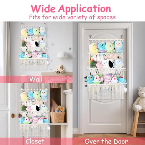 3 Tier Stuffed Animal Storage Shelf Net, 24x39 Inch Large Plushie Net w/LED Light & Clips for Mini Medium Stuffy Teddy, Beige Boho Macrame Wall Toy Holder Display for Nursery Kids Girls Boys - color: Beige, size: Large-3 Tier-24x39 Inch