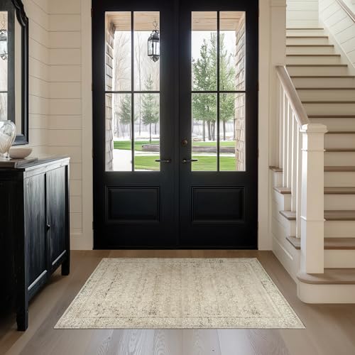 BILEEHOME Boho Kitchen Rug Washable,2x3 Non Slip Farmhouse Neutral Small Area Rug for Bathroom Bedroom Indoor Entrway Ultra Thin Fit Under Door,Tan Brown and Cream Beige - color: Cream&light Tan, size: 2' x 3' (Rectangular)