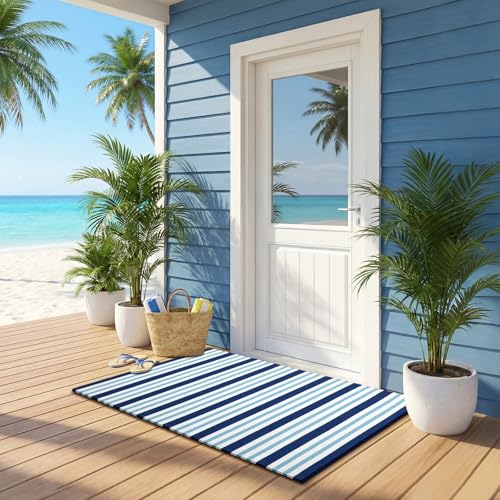 Moucuny Blue and White Striped Rug, 2'4'' x 3'7'' Coastal Navigation Theme Summer Rug Outdoor Front Porch Door Mat Welcome Layering Rustic Washable Doormat for Entryway Farmhouse Decor - color: Navy White Blue, size: 2'4'' X 3'7'', style: Vertical Stripe