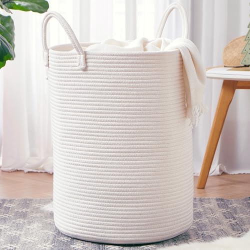 80L Extra Large White Hamper Tall Woven Laundry Basket Cotton Rope Blanket Basket for Living Room Clothes Hamper in Bedroom 16"L x 16"W x 22"H - color: White, size: Extra Large (80L)