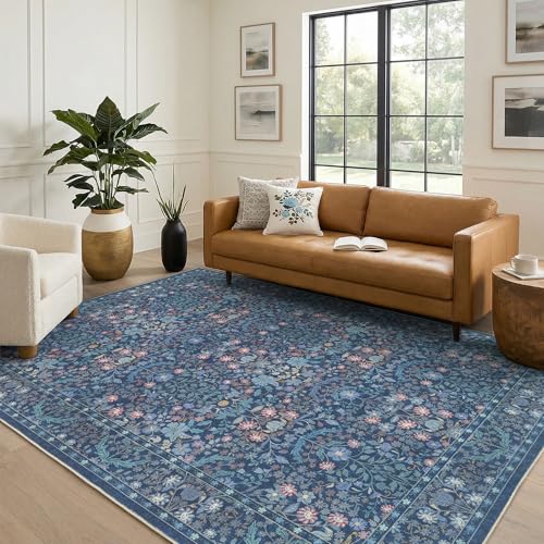 Blue Floral Living Room Rug 5x7 Area Rug - Vintage Forest Washable Rug for Dining Room, Bedroom, Ultra Soft Low Pile Non Slip Stain Resistance Distressed Boho Farmhouse Flower Carpet - color: Blue, size: 5' x 7' (Rectangular)