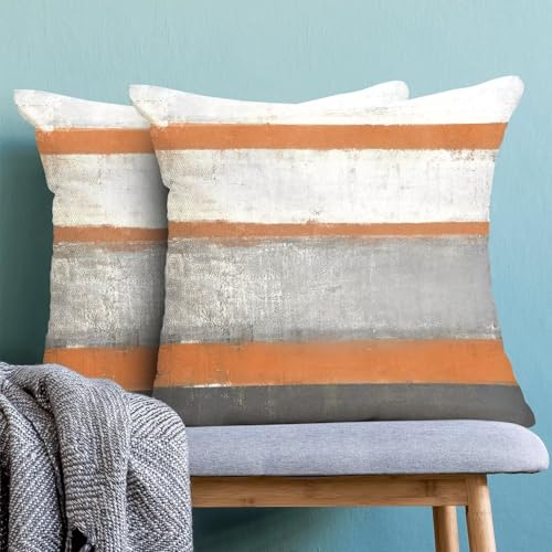 AEIOAE Orange Grey Pillow Covers 18x18 Set of 2 Beige Abstract Art Painting Striped Decorative Throw Pillow Covers Cotton Square Modern Cushion Case for Home Couch Sofa Outdoor - color: Orange, size: 18" x 18" (Pack of 1)
