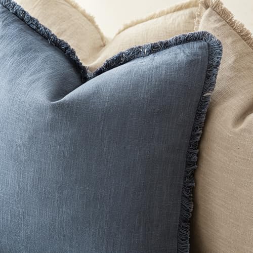 Foindtower Set of 2 Decorative Linen Fringe Throw Pillow Covers Cozy Farmhouse Cushion Cover with Tassels Accent Pillowcase for Couch Chair Sofa Bed Living Room Home Decor,16×16 Inch,Dark Blue - color: Blue Ashes, size: 16" x 16" (Pack of 2)