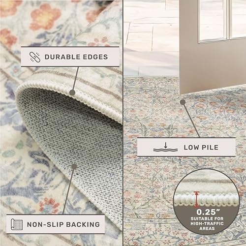 Hazo Haus Classic 7ft Round Beige Blue Rugs for Living Room - Washable Non Slip Floral Area Rugs for Bedroom, Dining Under Table, Kids Room, Home Office, Vintage Indoor Décor - color: Beige Blue, size: 7' (Round)