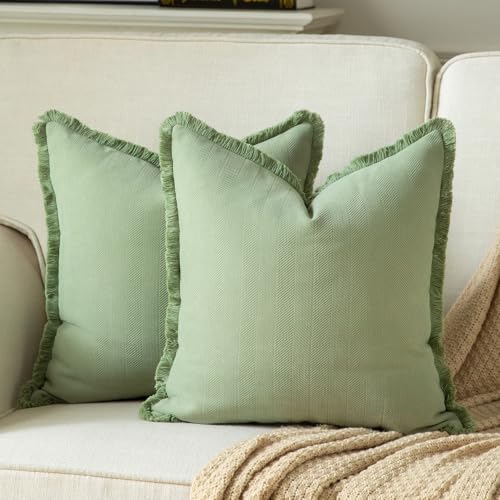 Set of 2 Decorative Fringe Throw Pillow Covers Chenille Pillow Covers Elegant Design Pillowcase Soft Tassels Cushion Cover for Couch Bed Home Decor,16×16 Inch,Sage Green - color: Sage Green, size: 16" x 16" (Pack of 2)