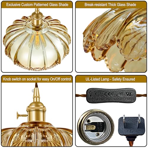 Plug-in Pendant Light Fixture, Hanging Light Fixture, Glass Pendant Light, Swag Lamp with Inline On/Off Switch for Kitchen Island, Bedroom, Dining Room, Living Room (Amber, 15 Ft Cord) - color: Amber, size: 15 ft
