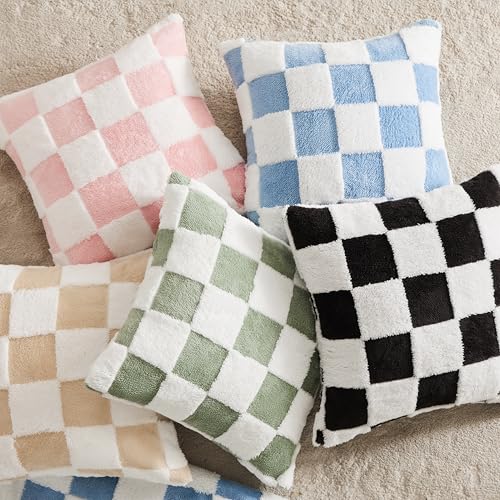Ohocut Checkered Jacquard Shag Throw Pillow Covers, Pack of 2 Fluffy Pink Cute Decorative Girly Women Aesthetic Soft Checkered Throw Pillow Cases for Couch Sofa Bedroom,20x20 Inch - color: Pink, size: 20" x 20" (Pack of 2)