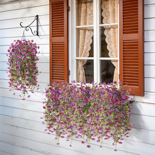 INQCMY Artificial Hanging Flower Baskets for Spring Outdoor Decoration Fake Plants UV Resistant Faux Silk Daisy with Eucalyptus Leaves Realistic Look for Home Porch Patio Yard - color: Purple Red
