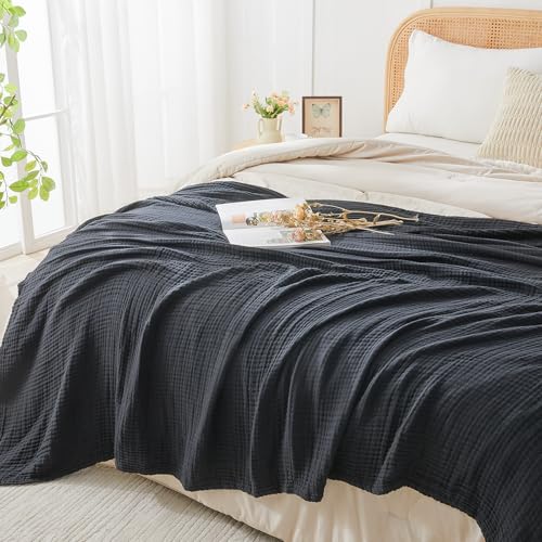 EMME Cotton Muslin Throw Blanket Couch Breathable Gauze Blanket Soft Lightweight Blankets Adults (Black, 50"x60") - color: 18 - Black, size: Throw (50" x 60")