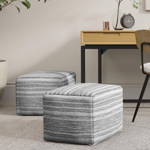 SIMPLIHOME Carina Contemporary Square Woven Pouf in Black Melange, White Wool for the Living Room, Bedroom and Kids Room - color: Black Melange, White, style: Wool Pouf